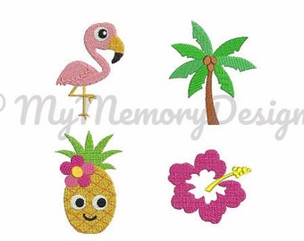 Summer  Embroidery Design - Set of 4 - Tropical embroidery - Hawaii - Pineapple - Flamingo - Palm tree - Hibiscus - INSTANT DOWNLOAD