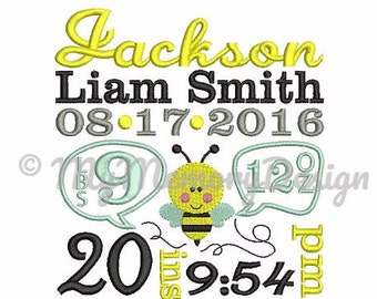 Birth Template Embroidery Design - Bee Birthday Design - Baby embroidery - Machine embroidery file - INSTANT DOWNLOAD  4x4 5x7 6x10