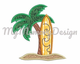 Summer applique design - Summer embroidery - Palm tree embroidery - Surfboard applique  - Machine embroidery - INSTANT DOWNLOAD - 3 SIZE