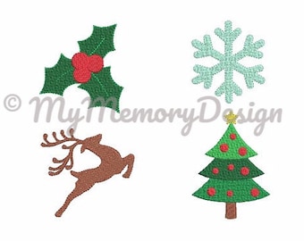 Christmas mini machine embroidery design,  Reindeer embroidery design, Snowflake embroidery design, Holly ,  INSTANT DOWNLOAD, SET of 4