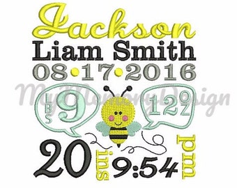 Custom Personalized Made Baby Birth Announcement Digital Embroidery Design File - Bee embroidery design for newborn - 4x4 5x7 6x10 size