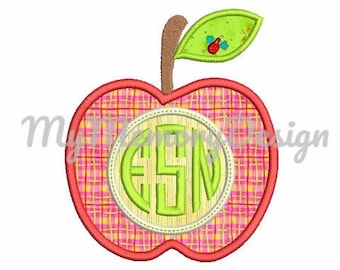 Apple embroidery design, Apple applique design, School embroidery, Kindergarten embroidery, Teacher, Monogram frame machine embroidery