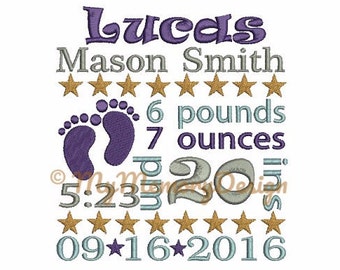 Birth Announcement  Embroidery Design - Baby embroidery design- Baby  boy embroidery, Bithday boy embroidery, subway art- 4x4 5x7 6x10 sizes