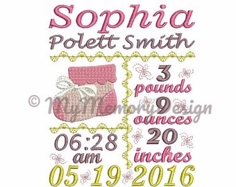 Birth Announcement Embroidery Design, Birth Template, Baby Birth Stats Template, Baby feet, footprint,  3 Sizes, Instant Download