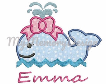 Whale Embroidery Machine Design , Baby Embroidery , Nautical Applique,  Whale with bow embroidery , 4x4 5x7 6x10