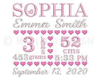 Baby Birth Announcement Template Embroidery Design, Subway Art, Metric Baby Stats Embroidery Template, Kgs, Cms, Baby Girl Embroidery