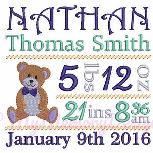 Embroidery Design - Custom Personalized Birth Announcement Embroidery - Baby embroidery - EMAIL DELIVERY 0-48 hour - NOT instant download