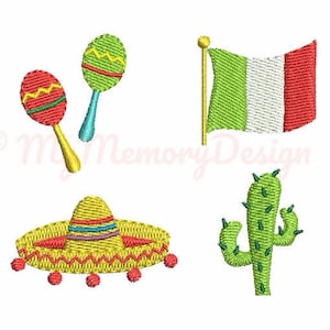 May include: A set of five embroidered designs featuring a sombrero, maracas, a cactus, and a Mexican flag. The designs are perfect for crafting projects like embroidery, cross-stitch, or machine embroidery.