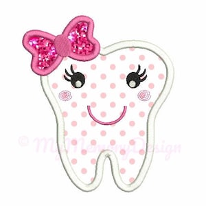 May include: A white tooth with a pink polka dot pattern and a pink bow. The tooth has a smiling face with black eyelashes and a pink mouth.