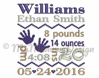 Baby hand embroidery design, Birth announcement embroidery, Baby boy embroidery, Baby girl embroidery, INSTANT DOWNLOAD , 4X4 5X7 6X10