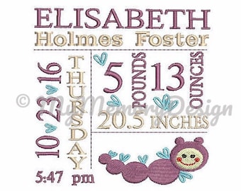 Baby Birth Template Embroidery machine design , Birth  Announcement Embroidery  , Worm embroidery , 3 size , 4x4 5x7 6x10 embroidery design