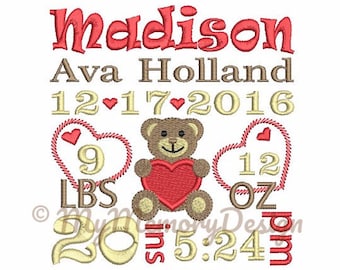 Embroidery Design - Baby Custom Birth Announcement Machine Embroidery Design - Teddy bear embroidery - 4x4 5x7 6x10 size - Personalized made