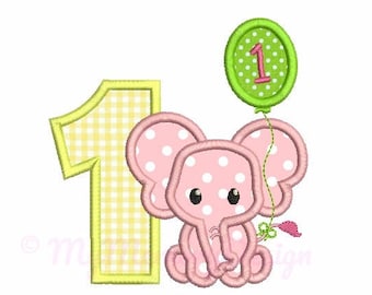 1st birthday applique design - Elephant applique pattern - Baby embroidery - Machine embroidery design INSTANT DOWNLOAD  4x4 5x7 6x10 sizes