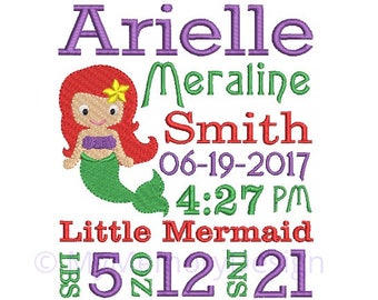 Mermaid Birth Announcement Embroidery Design - Baby Subway Art Machine Embroidery Digital File - Baby embroidery pattern - Newborn design