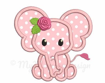 Elephant Applique - Flower embroidery - Baby girl embroidery - Machine embroidery digital file - pes hus jef vip vp3 xxx dst exp - 3 sizes