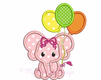 Birthday embroidery - Elephant applique design - Ballons embroidery - Machine embroidery digital file - pes hus jef vip vp3 xxx dst exp