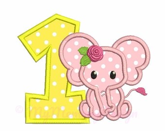 Birthday embroidery - Elephant applique design - 1st birthday applique - Machine embroidery pattern - INSTANT DOWNLOAD - 4x4 5x7 6x10 sizes