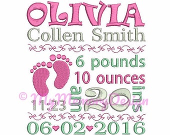 Birth announcement embroidery design - Baby feet embroidery - Birth template machine embroidery - INSTANT DOWNLOAD - 4X4 5X7 6X10 sizes