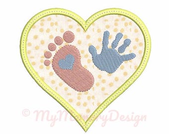 Baby embroidery design - Heart Applique Design - Baby feet and hand embroidery - Machine embroidery pattern - Instant download 4x4 5x7 6x10