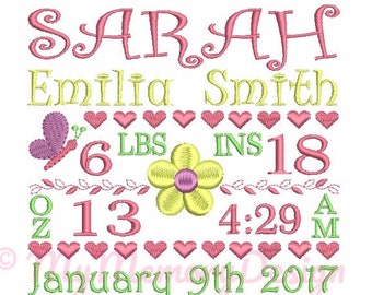 Flower Birth TEMPLATE Announcement Embroidery - Girl Birthday Design - Digital download embroidery pattern - 4x4 5x7 6x10 sizes - AM/PM