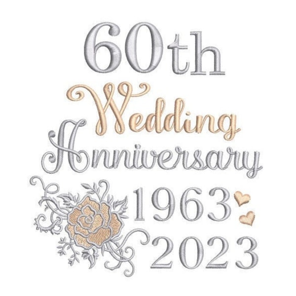 60th Wedding Anniversary Embroidery design, Template Design, Diamond Wedding, Hearts, Rose, Machine Embroidery Design, 4x4, 5x7, 6x10 size