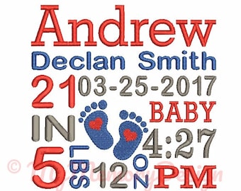 Birth Announcement Template Embroidery - Subway art design - Baby feet embroidery - Machine embroidery pattern - 4x4 5x7 6x10 size