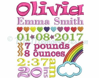 Custom Rainbow Baby Girl Subway Art  Birth Announcement  Embroidery Design - EMAIL DELIVERY 0-48 hour - NOT instant download