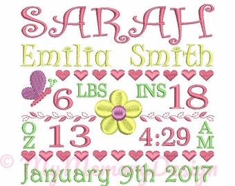 Personalised Birth Announcement, Baby girl embroidery design, Custom order, Baby shower gift, Birthday Embroidery, Embroidery pattern