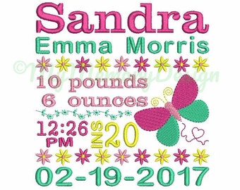 Personalized Girl Birth Announcement Embroidery with flowers and butterfly - EMAIL DELIVERY 0-48 hour - NOT instant download