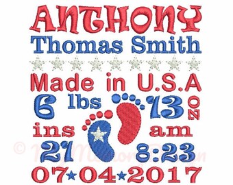 Baby feet embroidery - Subway art design - Patriotic embroidery - Baby birth announcement embroidery - Machine embroidery file  4x4 5x7 6x10