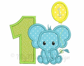 1st birthday applique design - Elephant  applique design - Birthday applique - Machine embroidery file - pes hus jef vip vp3 xxx dst exp