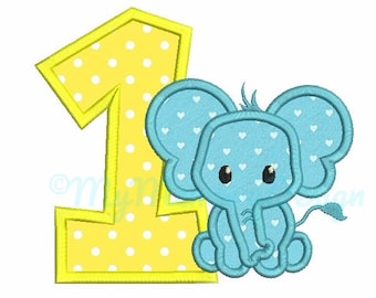 Birthday applique - Elephant applique design - 1st birthday design - Machine embroidery pattern - INSTANT DOWNLOAD - 4x4 5x7 6x10 sizes