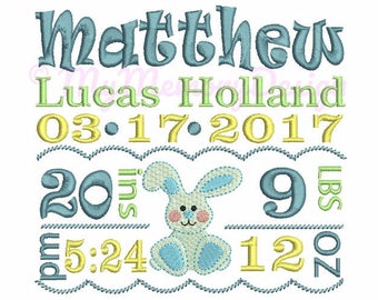 Bunny  Personalized Baby Birth Announcement Embroidery Design - Boy Subway Art - EMAIL DELIVERY 0-48 hour - NOT instant download