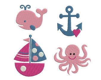 Nautical Embroidery Design - SET of 4 - Sailboat - Anchor - Whale - Octopus - Summer - Mini design - Machine embroidery - INSTANT DOWNLOAD