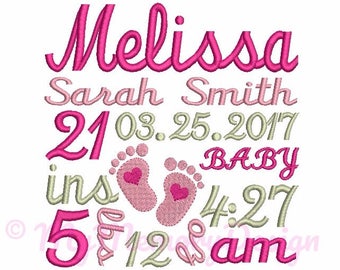 Baby Girl Birth TEMPLATE Embroidery Announcement - Newborn  Subway Art - Baby feet embroidery - INSTANT DOWNLOAD - 4x4 5x7 6x10 size