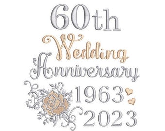 60th Wedding Anniversary Embroidery design, Template Design, Diamond Wedding, Hearts, Rose, Machine Embroidery Design, 4x4, 5x7, 6x10 size