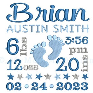 Birth Announcement Embroidery Design, Birth Template, Baby Feet, Machine Embroidery, Birth Stats,  3 Sizes, AM - PM version Instant Download