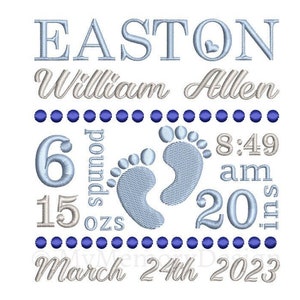 Baby feet birth announcement embroidery design, Birth template machine embroidery pattern, Instant download, 3 sizes, am-pm