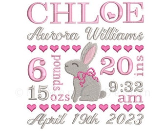 Bunny Birth Announcement TEMPLATE Machine Embroidery Design, Baby girl birth stats, Cute Easter Rabbit, 1st birthday INSTANT DOWNLOAD, 3size