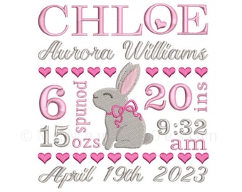 Bunny baby birth announcement machine embroidery design, Easter bunny embroidery , Personalized gift for baby ,Customized embroidery pattern