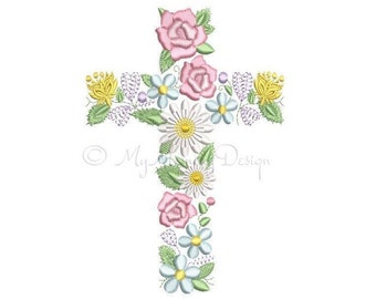 Floral Cross Easter Embroidery Design, Religious Embroidery Design, Machine embroidery Design, Instant download, 3 sizes