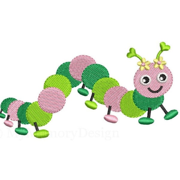 Cute girl caterpillar machine embroidery design, Worm embroidery pattern, Apple caterpillar, Garden insects , 4 SIZES, Instant download