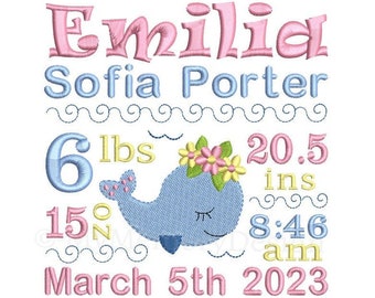 Birth Announcement Template Embroidery Design, Baby Girl Embroidery pattern, Cute whale,Machine Embroidery, 3 Sizes, INSTANT DOWNLOAD ,am-pm