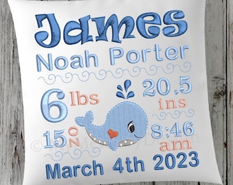 Birth Announcement Template Embroidery Design, Baby Boy Birth Stats, Cute Whale, Machine Embroidery, AM/PM, 3 Sizes, Instant Download