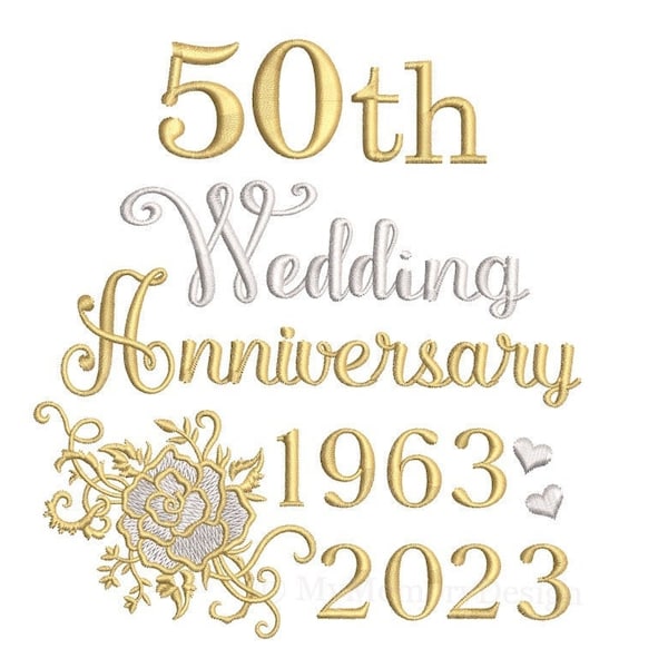 50th Wedding Anniversary , Template Design, Golden Wedding, Hearts, Rose,  50th Anniversary, Machine Embroidery Design, 4x4, 5x7, 6x10