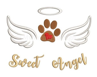 Angel Wings Dog Paw Embroidery Design, Cute Animal Embroider Design, Machine Embroidery Design, Instant download, 4 sizes