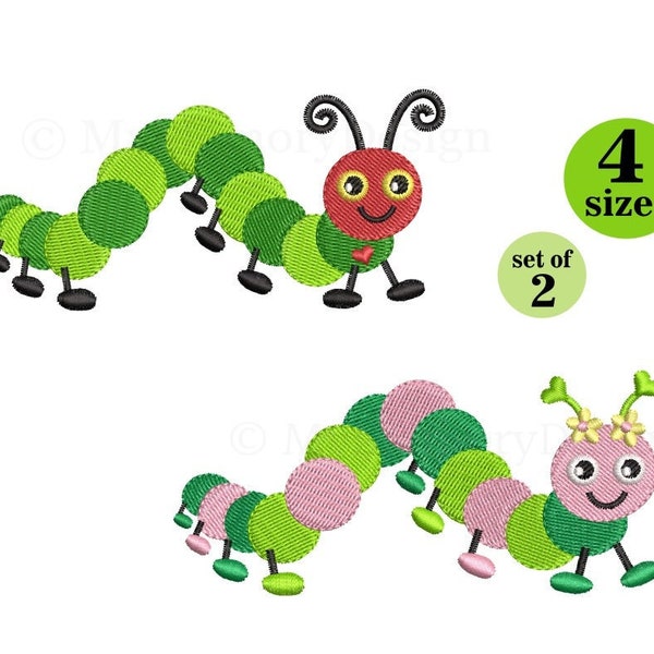 Caterpillar Machine Embroidery Design, Worm embroidery, Fill Stitch, Cute boy and girl Caterpillar, Garden design, 4 sizes, Instant Download