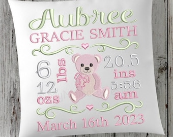 Baby girl birth announcement embroidery design, Personalized embroidery, Cute bear birth stats