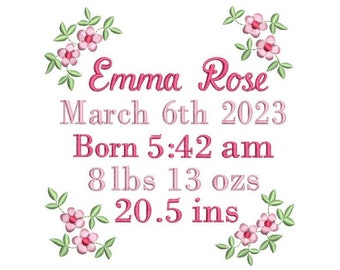 Birth Announcement Embroidery Design, Customized, Baby Girl, Personalized, Baby Birth Stats, Floral Rose Design, Machine Embroidery Design