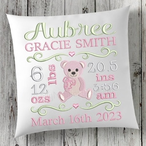 Baby girl birth announcement embroidery design, Personalized embroidery, Cute bear birth stats